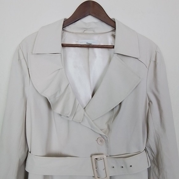 New York & Company Beige Ruffle Notch Collar 4 Button Belted Trench Coat XL - Picture 14 of 16